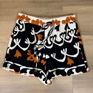 Zara Black Orange & Cream Patterned High Waist Drawstring Shorts | Size Small